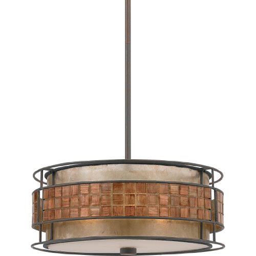 Quoizel Laguna 3-Light Renaissance Copper Pendant Light with Oyster Mica Shade, Floating Mosaic Tile Stripe Ceiling Light, Bohemian Style Hanging Light