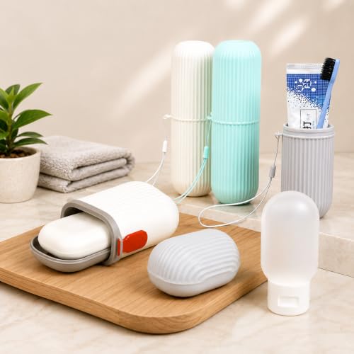 Image of OSLEN 3-in-1 Travel Toiletry Kit with Toothbrush Holder, Travel Soap Case & Refillable Silicone Travel Bottle | Portable Travel Bathroom Accessories Set | Leakproof, Lightweight (White)