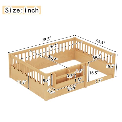 Image of Bellemave Full Size Kids Montessori Floor Bed,Solid Wood Floor Bed Frame with Bookshelf and High Fence for Kids,Girls,Boys,Natural