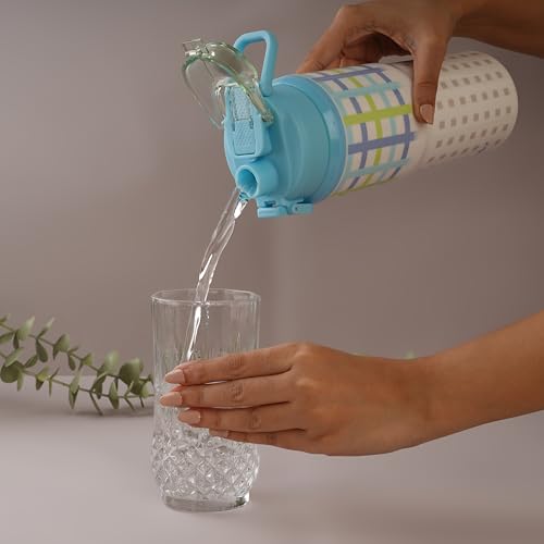 Image of Nayasa Duo-Sip Water Bottle - 730ml | Checkered Design | BPA-Free, Dual Sip Modes | Leak-Proof, Insulated Steel Inner | Great for School, College, Work, Sports | Sky Blue