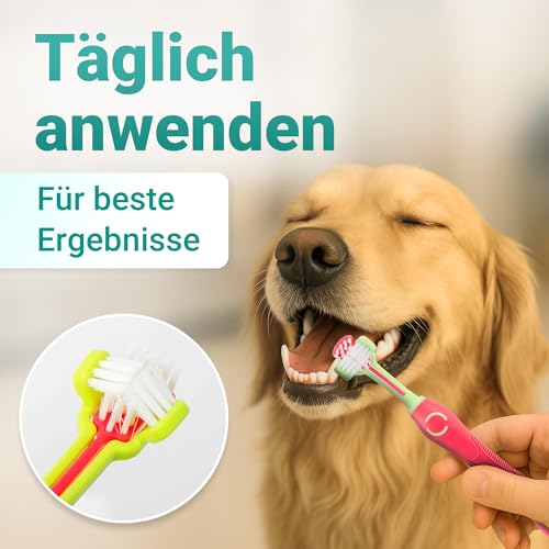 emmi-pet Zahnpflegeset für Hunde - 1x3köpfige Hundezahnbürste mit 1x Hundezahnpasta und 2x Fingerzahnbürste (Pink, Welpe - Junghund)
