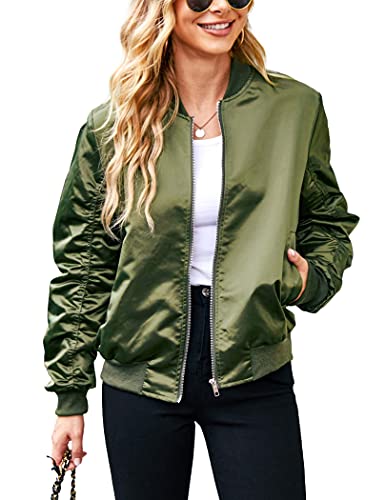 Acevog Women Autumn Green Bomber Jacket Zip Up Biker Jacket Coat Windbreaker, Army Green, Medium #TOP16