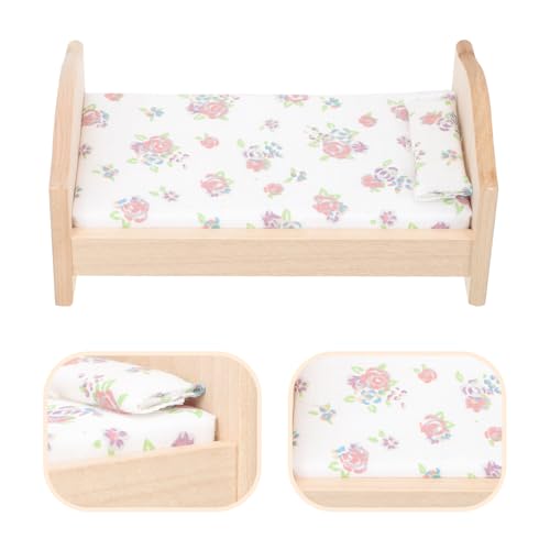 Abaodam Puppenhaus Kinderbett Puppenhausmöbel Holz -miniaturmöbel Puppenbett Mit Bettwäsche Kissen Miniaturbett Holz Dekoration Bettmodell Kinderzimmer Baumwolle