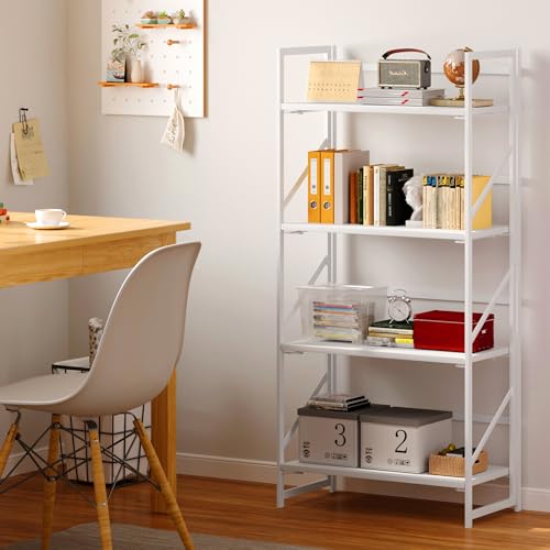 Image of JSB No Assembly Folding Bookshelf, 4 Tier Industrial Metal Book Shelf for Storage, Vintage Wood Foldable Bookcase for Living Room, Bedroom, Office Organization Shelves