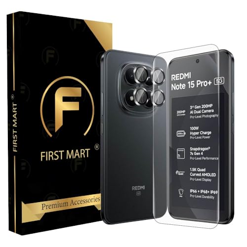 Image of FIRST MART UV Tempered Glass for Redmi Note 15 Pro Plus With Black Camera Ring Guard Combo | Crystal Clear Curved Screen Protector, Case-Friendly, Scratch Resistant | Pack of 1