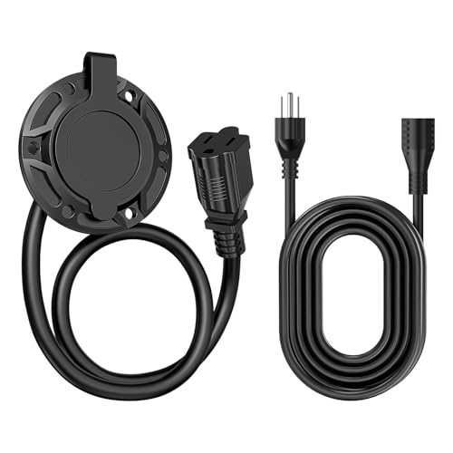 125V 15A AC Power Inlet Port Plug with 16.5in Cord & 9.84ft Extension Cable, Waterproof Cap, 14AWG, Golf Cart & Outdoor Charging Socket Kit