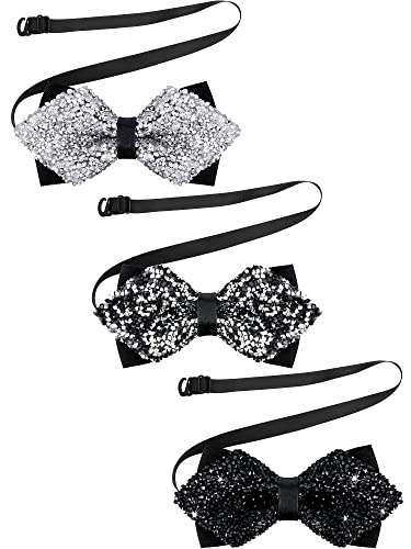 Jiuguva 3 Pieces Men's Diamond Pointed Pre Tied Bow Tie Gentleman's Sparkly Rhinestone Bowtie Adjustable For Wedding Banquet (Black, Black Silver, Silver) #TOP26