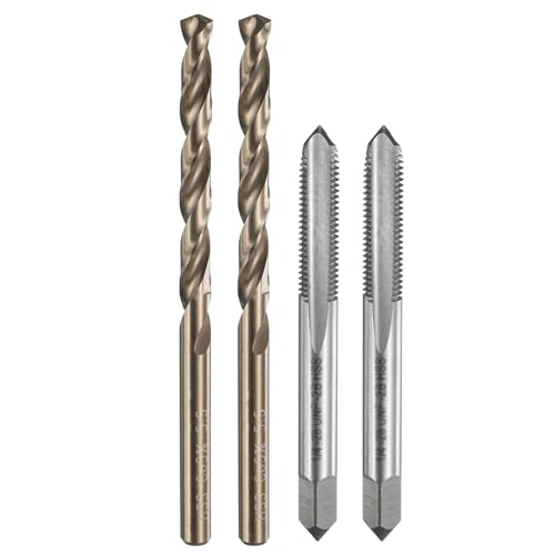 sourcing map Tap and Drill Bit Set, 2pcs 1/4-28 UNF Straight Flute Thread Screw Taps & 2pcs 5.5mm Twist Drill Bits, Uncoated/Roasted Yellow HSS-6542/M35 HSS-CO Tapping Threading Tool Kit