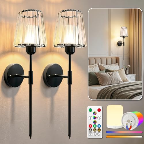 Image of Adetu 23 inch Crystal Battery Operated Wall Sconce Set of 2 | Black Rechargeable Wall Sconce with 10000mAh Magnetic Bulbs, RGB Dimmable Wireless Wall Lamp for Bedroom Living Room