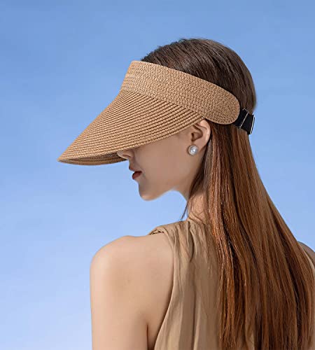 Chapéu feminino de palha com aba grande para mulheres FPS 50+ verão embalável rabo de cavalo chapéus