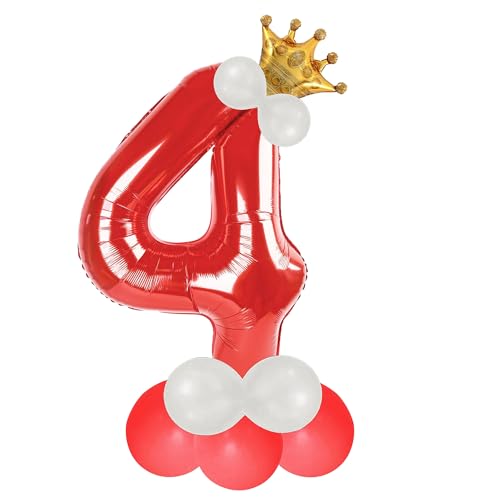 Image of Red 4 Number Foil Balloon with Crown & Base Balloons | 32 Inch Helium Supported for Birthday, Anniversary, Baby Shower Decoration - Pack of 14