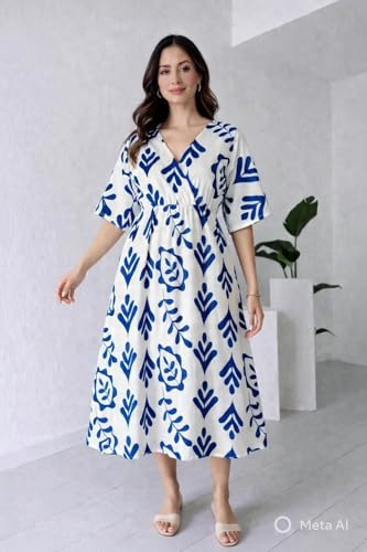 Image of Women Printed Midi Dress V-Neck Short Sleevless Maroon Pattern A-Line Dress