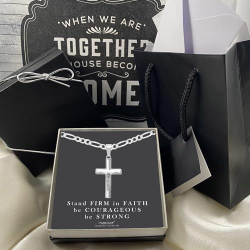 Mens Sterling Silver Crucifix Necklace and Figaro Chain with Inspirational Faith Card - Choice Of Sizes2