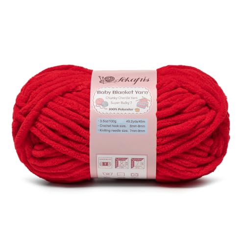 Image of 3.5 oz /49.2 yds Chunky Chenille Yarn for Crocheting, #7 Super Bulky Baby Blanket Yarn for Crocheting Soft, Fluffy Velvet Yarn for Knitting, Amigurumi Crochet Yarn for Crafts (Red)