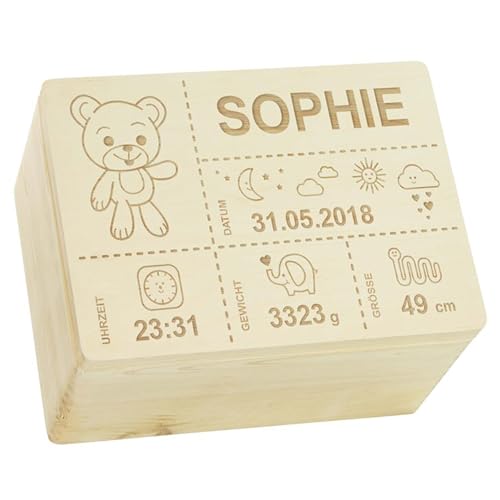 LAUBLUST Erinnerungsbox Baby Personalisiert - Geschenk zur Geburt mit Name | Teddybär - Kinder Erinnerungskiste Holz für Mädchen & Jungen | Holzkiste Natur oder Weiß - FSC® (ca. 40 x 30 x 24 cm | XL)