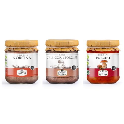 DISPENSA CUCINA TOSCANA - Tris Ragù e Sughi Pronti: Sugo alla Norcina - Ragù Salsiccia e Porcini - Sugo ai Porcini - 3 vasetti da 180g -