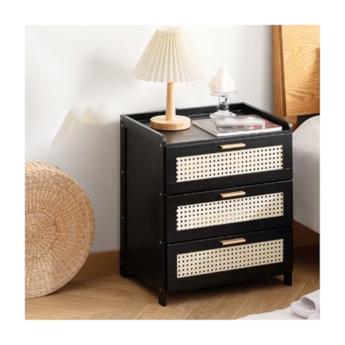 YPIOUREN Mesita De Noche De 3 Cajones,Mesita De Noche Moderna De Bambú Mesita De Noche For Dormitorio,Mesa Auxiliar De Sofá De Bambú,Mesita De Noche,para Espacio Pequeño(Black)