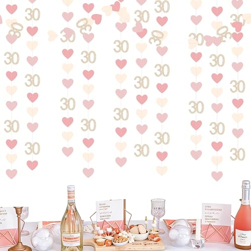 Image of Champagne Gold Pink 30th Birthday Decorations Champagne Gold Dusty Pink Heart Garland Streamer Banner Backdrop for Women Happy 30th Birthday Dirty Thirty Cheers to 30 Years Anniversary Party Supplies