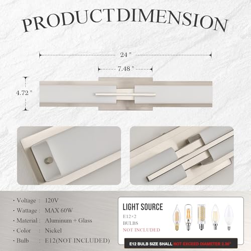 Image of VitaLink 24 inch Bathroom Vanity Light, Satin Nickel 2-Light Frosted Glass Wall Lights for Bathroom Hardwired Wall Mount Lighting Fixtures for Living Room Bedroom E12