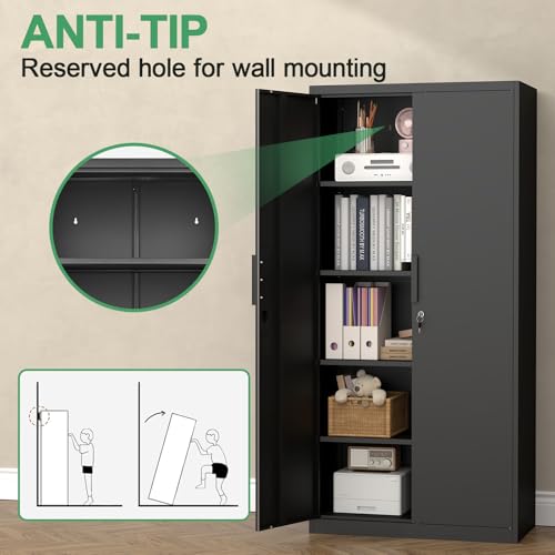 Image of Black Storage Cabinet, Metal Garage Storage Cabinets with Adjustable Shelves, 72.05 inch H Heavy Duty Tall Cabinet with Locking Doors, Steel Organizer for Basement, School