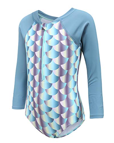 Image of Moon Tree Girls One Piece Swimsuits Long Sleeve Rash Guard Zipper Front Bathing Suit UPF 50+