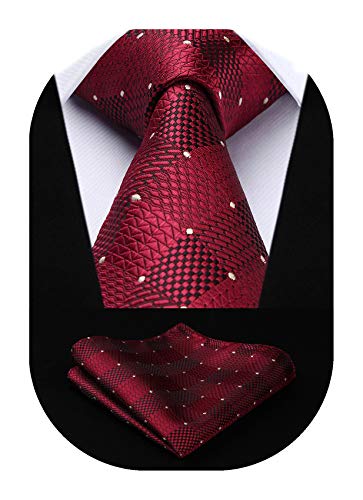 HISDERN Plaid Polka Dots Tie Handkerchief Woven Classic Check Men's Necktie & Pocket Square Set Maroon