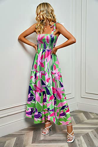 Image of kinstell Women's Summer Boho Spaghetti Strap Square Neck Ruffle Casual Flowy Long Dress Beach Swing Party Maxi Dress