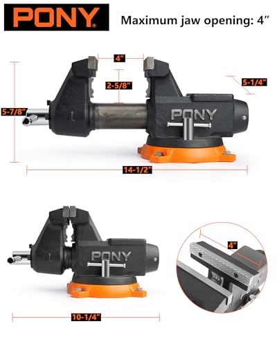 Image of PONY 4 Inch Heavy Duty Bench Vise 4400LBS Clamping Force, Pro Workshop Workbench Vise with 360-Degree Rotatable Base and Anvil, 4-Inch Jaw Opening and Width for Woodworking, Drilling, Pipe Cutting