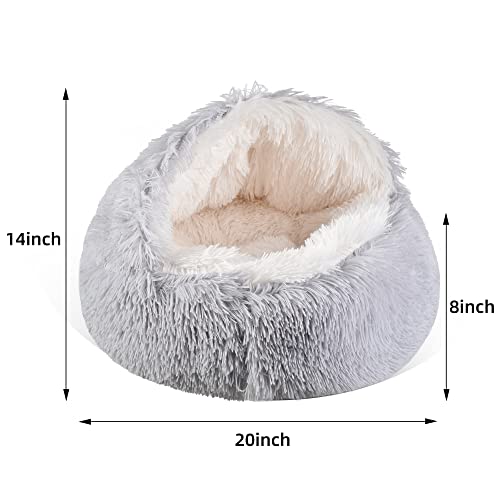 Gavenia-Cat-Bed-Round-Fluffy-Hooded-Cat-Bed-Cave-with-Non-collapsed-Plush-CoverCat-Bed-Donut-for-Indoor-CatsCalming-Dog-BedsCatAnti-SlipWaterproof-BottomWashable-Bed20inchGrey