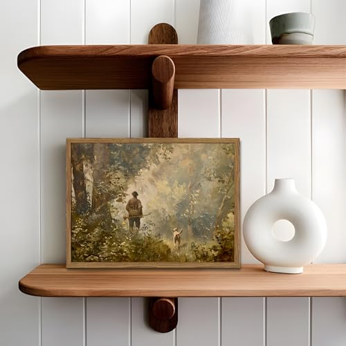 Image of Vintage Hunting Wall Art Cottagecore Country Wall Decor Picture Moody Forest Landscape Poster Painting Canvas Prints for Bedroom Living Room Farmhouse 8x10 inch Wood Framed