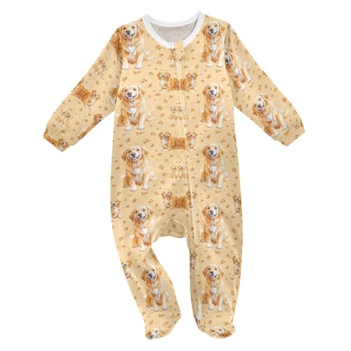 Baby One-Piece Footies Brown Golden Retriever Dog Paw Print Sleeper Pjs Footed Bodysuit Rompers Zipper 3M