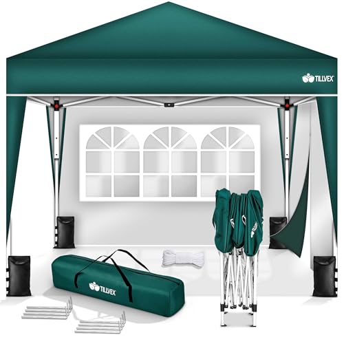 tillvex Pavillon 3x3m wasserdicht mit 2 Seitenteilen + 4er Set Sandsäcke | Pop-Up Faltpavillon stabil & höhenverstellbar | Gartenzelt UV Schutz 50+ | Partyzelt mit Tasche für Garten, Grün