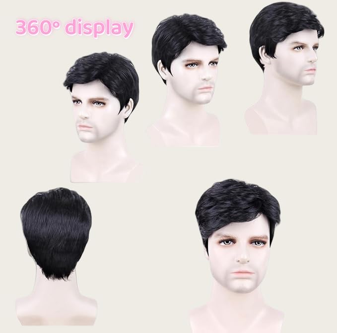 SDXCJY Mens Short Wig Black Short Black Mens Wig Costume for Men 70s 80s Disco Curly Fluffy Cosplay hair,boys Wigs for Daily Use Straight hair Halloween Handsome (black) - Image 3