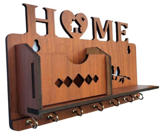 Image of MDF Wooden Wall Mounted Designer Home Wall Shelf Key Chain Holders Home Decor Stylish Hook Stand Key Organizer for Decor Home, Living Room and Office Matte Finish Mobile Charging Stand