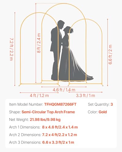 Image of VEVOR Arch Backdrop Stand, Set of 3, 8 /7.2 /6.6 ft, Stable Structure, Easy Assembly, Gold Metal Arch Backdrop Stand for Wedding, Birthday Party, Graduation, Holiday Celebration, and Ceremony Decoration