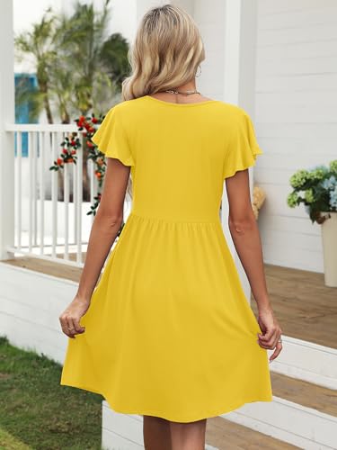 Image of Heymoments Women Summer Dress Yellow Large Ruffle Sleeve V Neck Casual Cute Loose Sundress Comfy Swing Midi Work Flowy Tunic Ladies Beach Vacation Teacher Dresses with Pockets