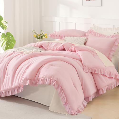 Andency Pink Comforter Set Full, 3 Pieces Lightweight Soft Rustic Pink Ruffle Comforter Women Girls, Solid Farmhouse Shabby Chic Microfiber Bedding Comforter Set