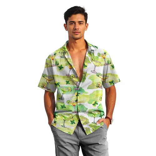 HANDICHI Design Margarita Hawaiian Shirt for Men – Funny Tropical Cocktail Button Down Shirt, Summer Vacation Aloha Beach Party Outfit
