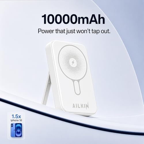 Image of AILKIN 10000mAh Magnetic Wireless Power Bank, MagSafe Compatible Portable Charger, Fast Charging Mini Power Bank for iPhone 16 /15 /14 /13 Series & Android USB-C Devices- White