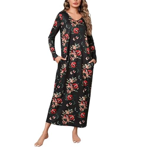 Marvmys Women Cotton Long Nightgowns Long Sleeves Nightshirts V Neck Full Length Sleep Shirts with Pocket Black Flower Medium