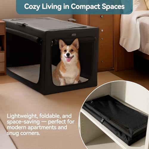 Petsfit Hundebox faltbar für mittlere Hunde, Hundebox für Zuhause Zimmerkennel Hund Verstellbares Design Transportbox Hund, Reißfeste Netzfenster & verdickte plüsche Betteinlage,(M, Schwarz)