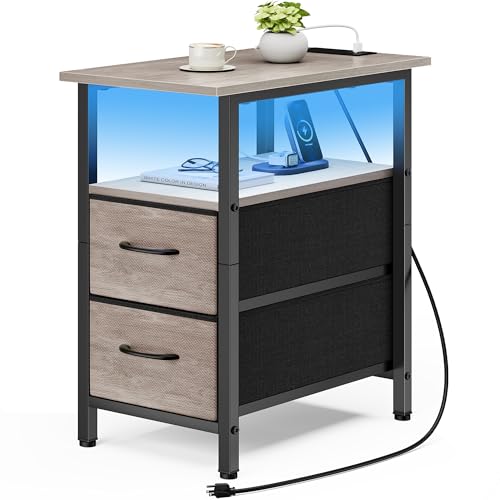 Vagusicc Mesita de noche con estación de carga y luces LED, mesa auxiliar estrecha, mesita de noche LED con 2 cajones de tela, mesita de noche con puertos USB y tomas, mesita de noche alta para