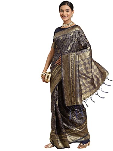Image of AKHILAM Women's Kanjivaram Banarasi Silk Woven Design Saree With Unstitched Blouse Piece (Navy Blue FF0TOSH9103)
