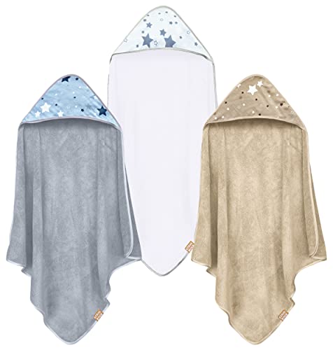 Image of Coral Dock 3 Pack Baby Hooded Bath Towel Sets, Ultra Absorbent Polyester Towels, Neutral Grey Starry Sky, Suitable for Newborns and Toddlers