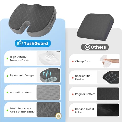 Image of TushGuard Office /Car Seat Cushion, Non-Slip Sciatica & Back Coccyx Tailbone Pain Relief Chair Pad, Memory Foam Butt Pillow for Computer Desk, Wheelchair, Driving (Black&Grey)
