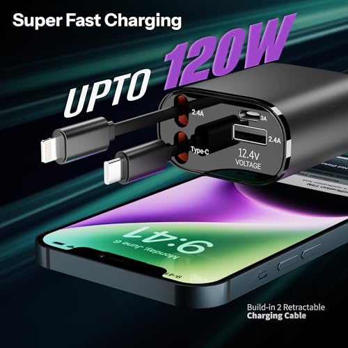 Image of Unbreakable 120W 4-in-1 Retractable Car Charger with Built-in Cables & Dual USB Ports, Fast Car Phone Charger Compatible with iPhone 17 /16 /15 /14 /13 /12 /11, Android, iPad & Other Devices - Black