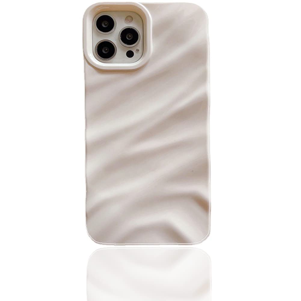 LEMONCOVER for iPhone Case Cute 3D Crease Water Ripple Wave Shape Curly Frame Design Glitter Soft Silicone Protective Bumper Women Girl Slim Shockproof (White,iPhone 15)