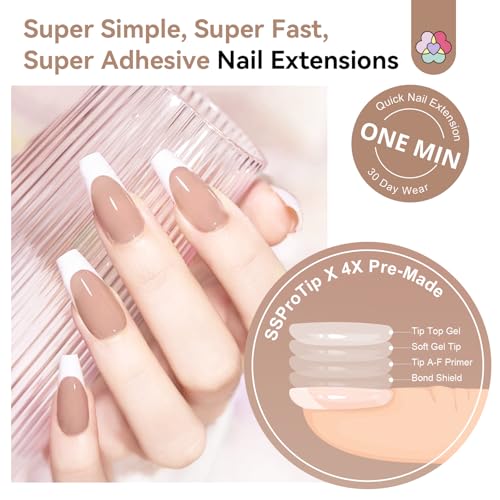 Image of SAVILAND Gel Nail X Kit: 30 Days Wear Nails Press Ons Brown Medium Coffin French Tip Press On Nails 256 Pcs Strong Nail Glue for Press Ons U V Light Electric Nail File Nail Art Tools for Beginners