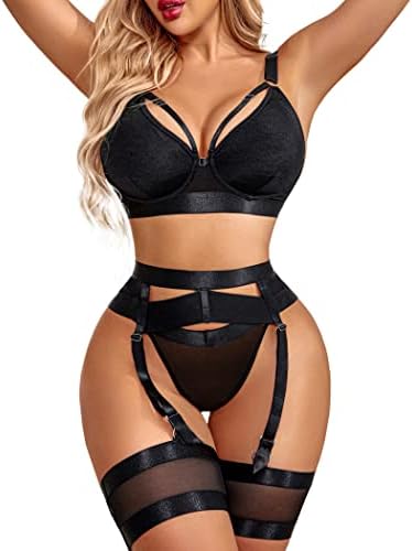 Avidlove Sexy Lingerie Set for Women with Underwire Strappy Lingerie Push Up 5 Piece Lingerie Set with Garter