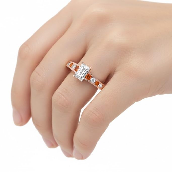 Image of 55Carat Choose Your Gemstone Diamond CZ Graduated Accent Ring Rose Gold Plated Emerald Shape Petite Engagement Rings Everyday Jewelry Wedding Jewelry Handmade Gifts for Wife US Size 4 to 12